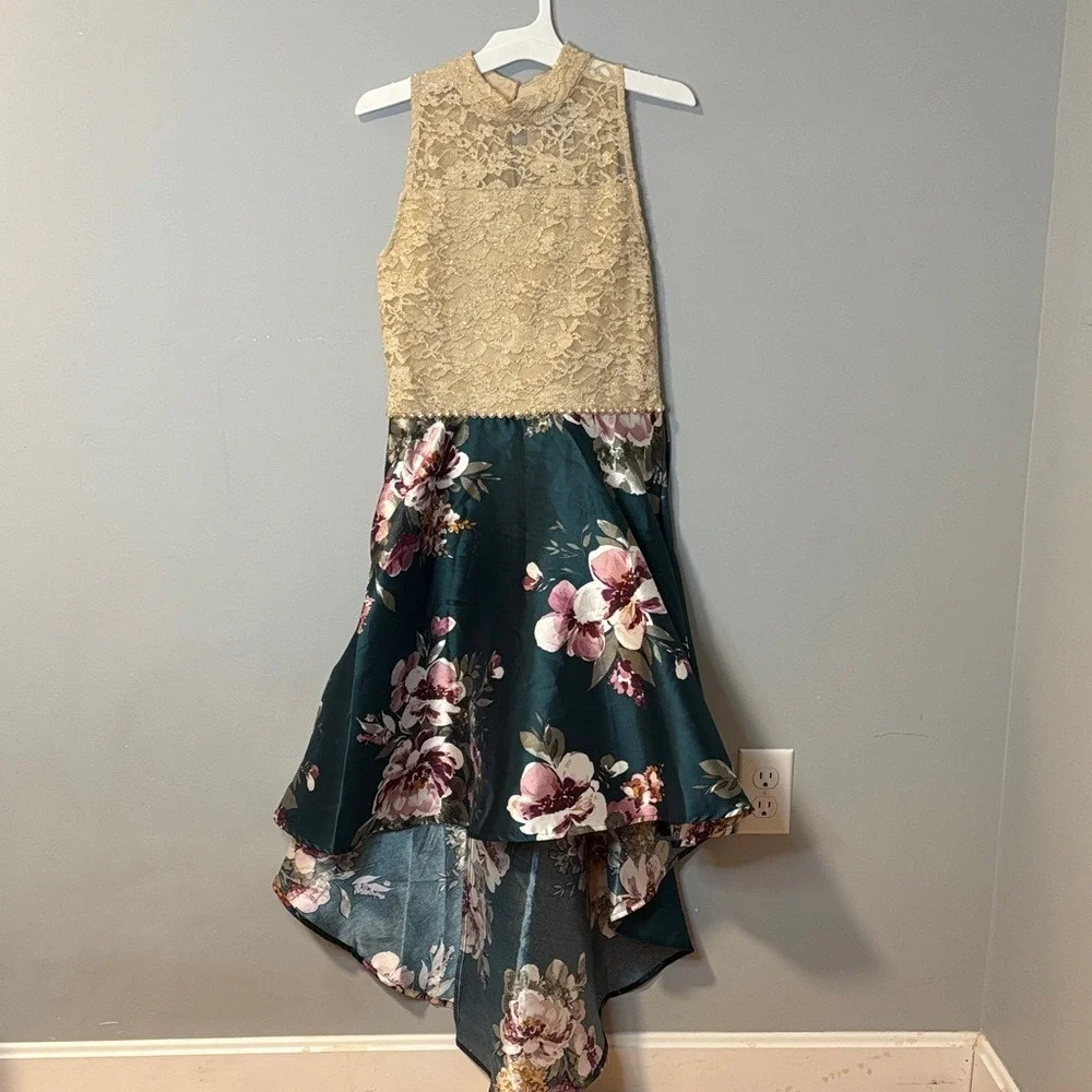 Speechless Kids‎ Gold Lace Teal Floral High-Low Formal Party Dress Size 16